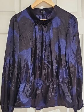 ✨ Daisy Fuentes Satin Blouse | Navy & Black Tie Neck Top ✨